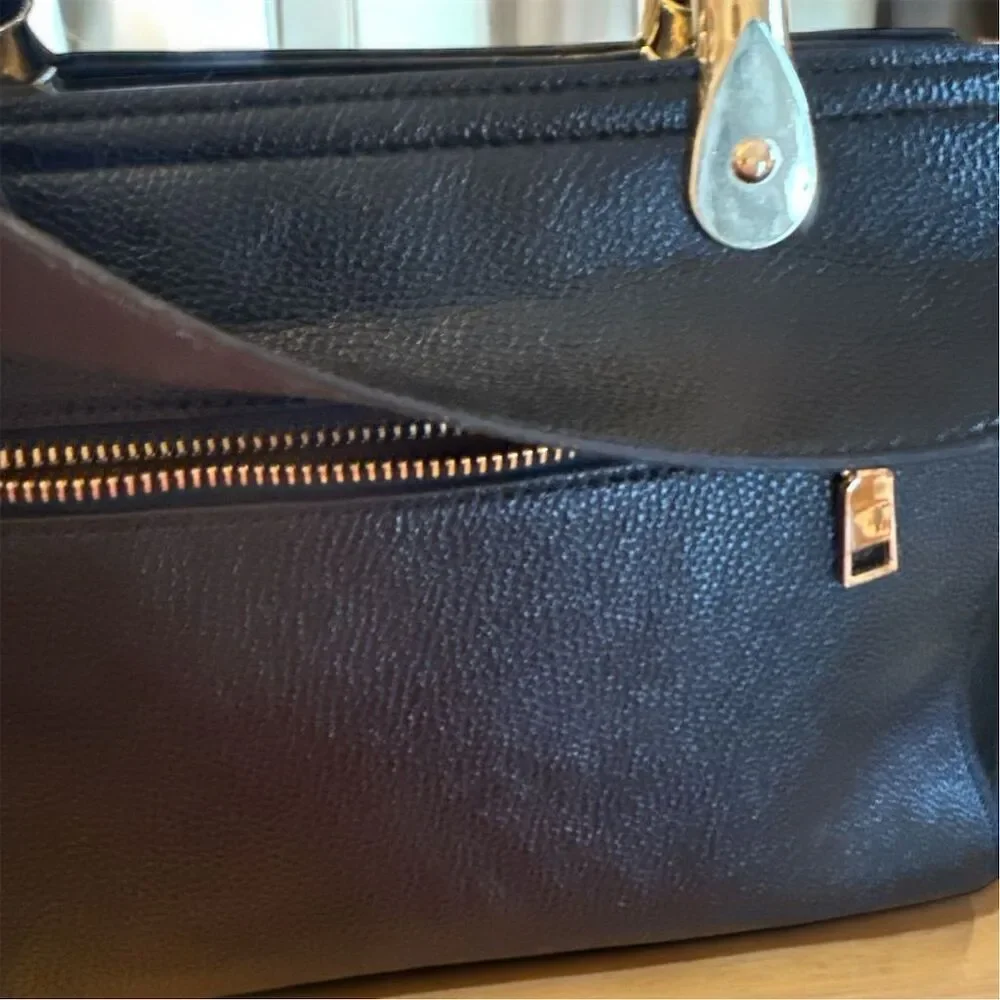 Huada Structured Black Vegan Leather Satchel Handbag Gold Hardware Crossbody